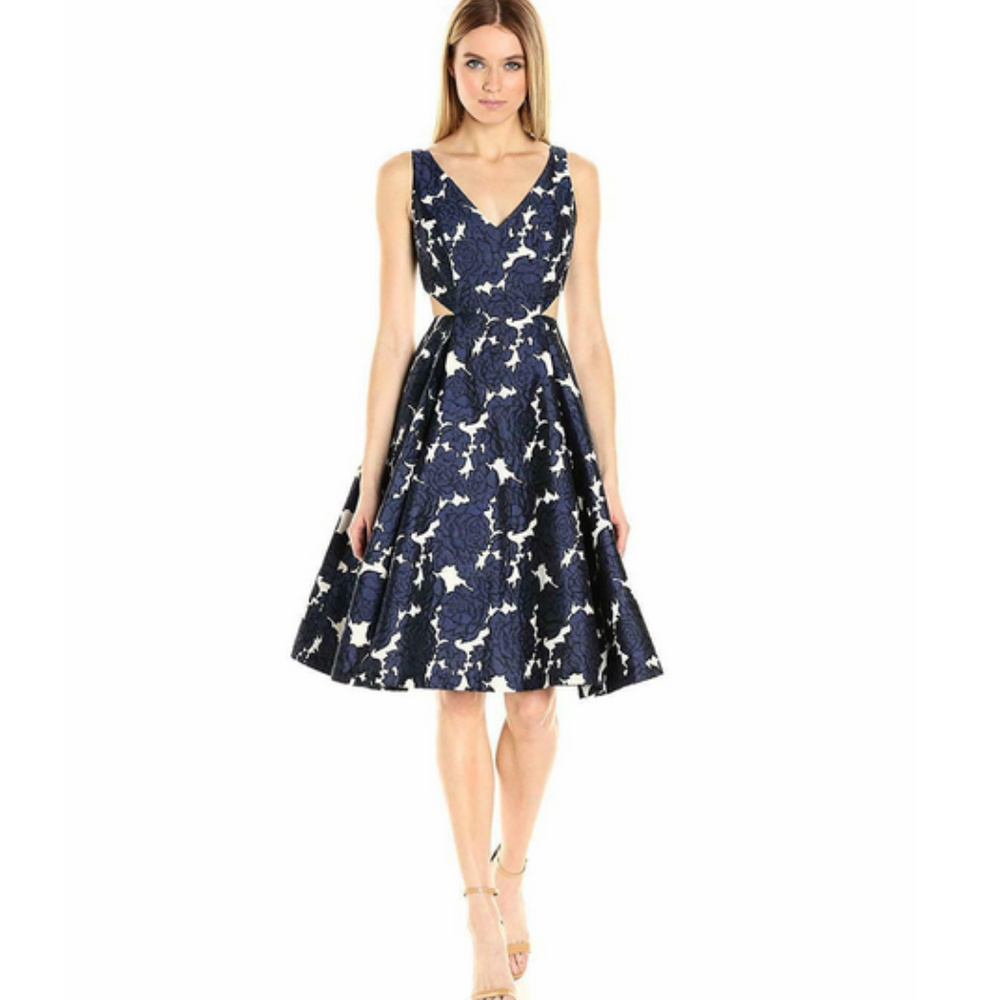 Adrianna Papell Navy Jacquard Cutout Vneck Dress